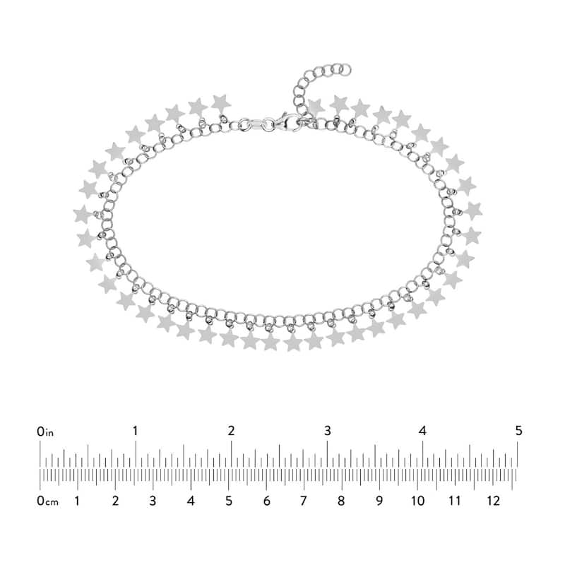 Curata 925 Sterling Silver Rhodium-plated 10" Hanging Stars Adjustable Anklet