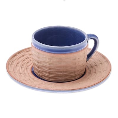 Novica Handmade Wicker In Blue Ceramic Cup And Saucer
