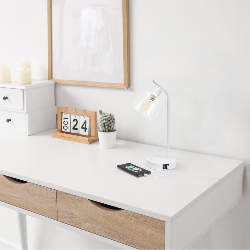 Curved Arm Desk Lamp with Glass Shade - 15.75" - White