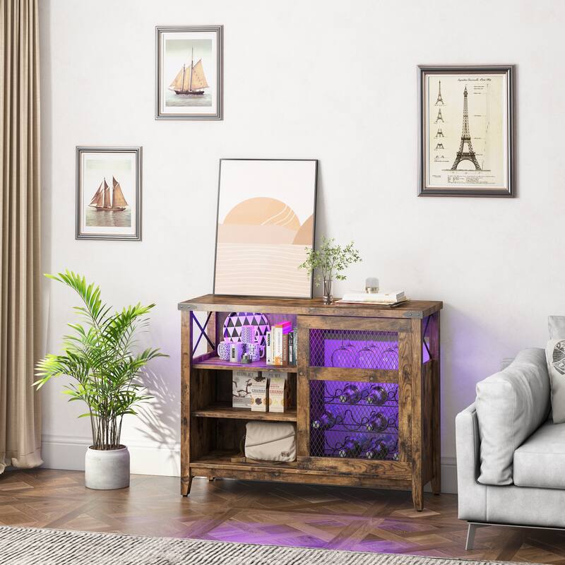 Wine Bar Cabinet with Storage Sliding Door & LED Lights - 42 inch