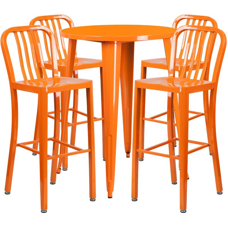 30'' Round Metal Indoor-Outdoor Bar Table Set with 4 Vertical Slat Back Stools - 30"W x 30"D x 41"H - 30"W x 30"D x 41"H