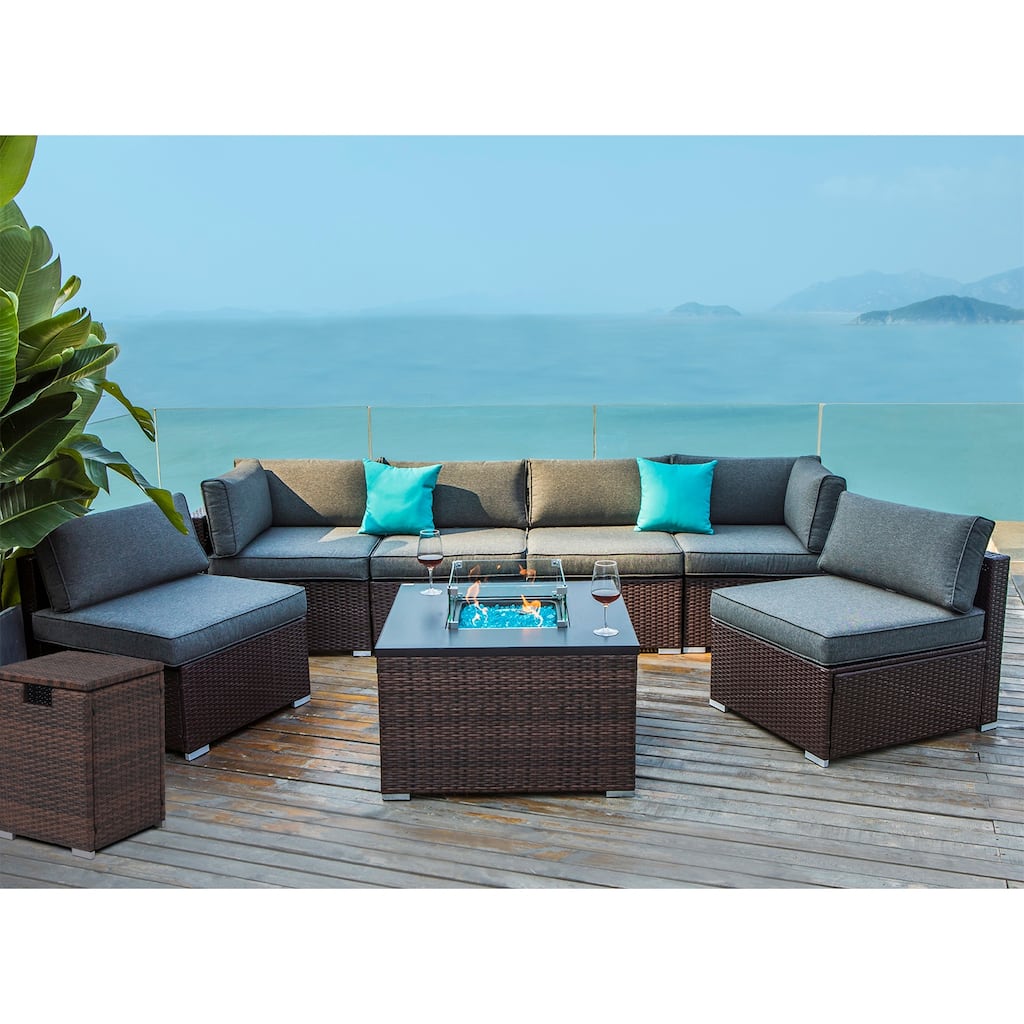 COSIEST 9 Piece Outdoor Sectional Sofa Set with Propane Fire Pit, Tank Cover