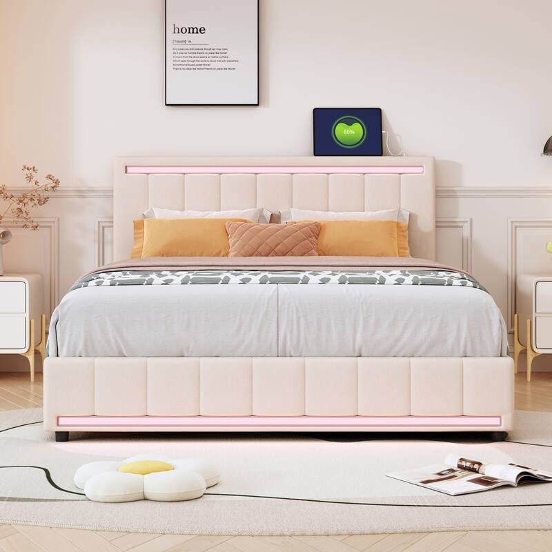 Queen Upholstered Bed with LED Light and 4 Drawers, Linen Fabric Wood