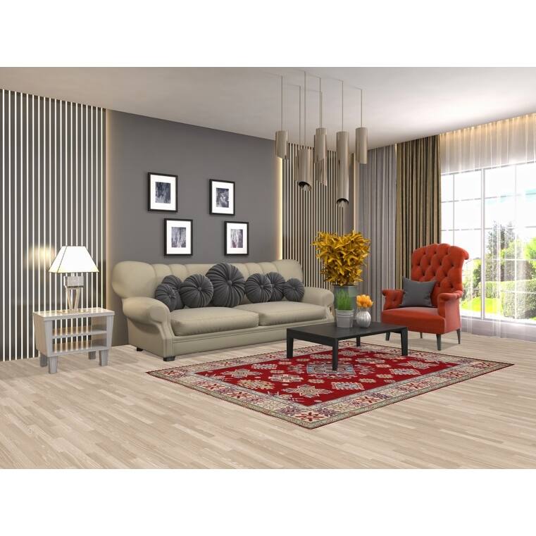 Red Geometric Kazak Rug Hand-Knotted Traditional Wool Carpet - 5'0" x 7'0"