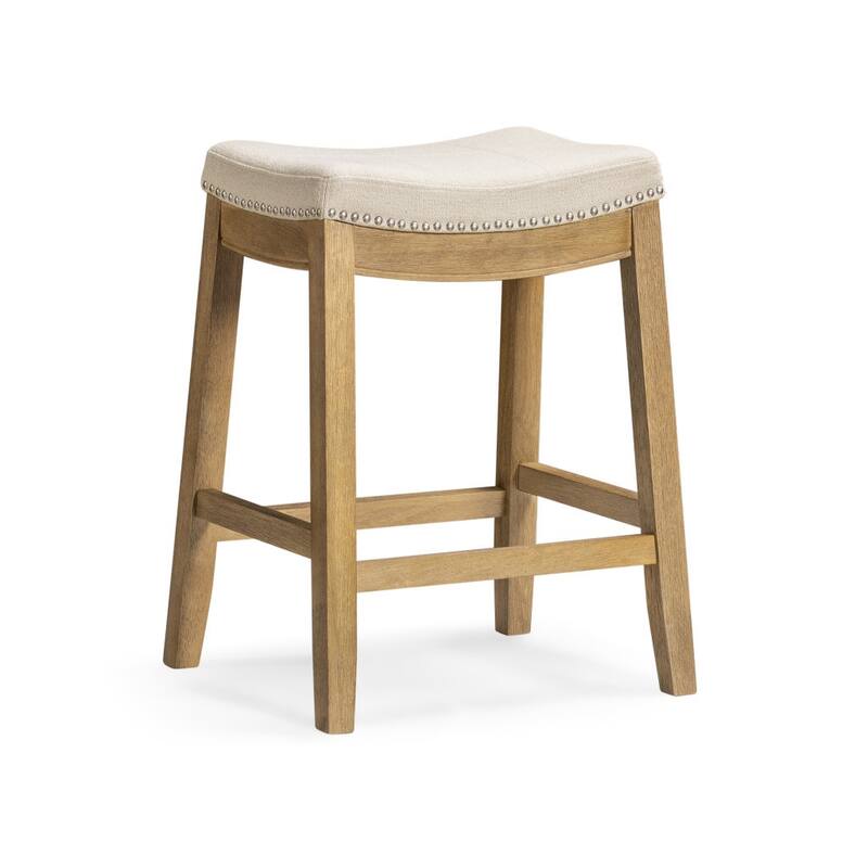 HomeRoots 26" Natural Fabric Faux Leather and Solid Wood Backless Counter Height Bar Chair