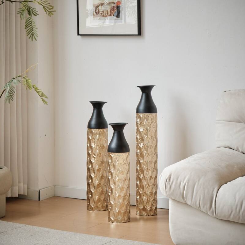 Set of 3 Glamorous Floor Vases, Gold & Black Textured Metal Cylinder Vases for Modern Home Decor (24.8", 29", 33.8" Heights)