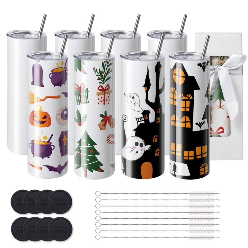 Sublimation Tumblers, Skinny Straight Stainless Steel Blanks Cups with Lid and Straw, Gift Box - 8-piece set 30oz