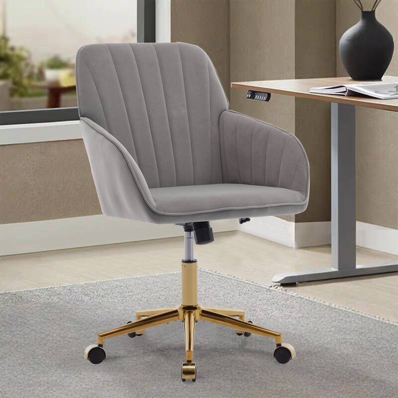 Ergonomic Adjustable Office Chair with Golden Base, Velvet Cushion, Backrest Support, Comfortable for Long Sitting - Gray