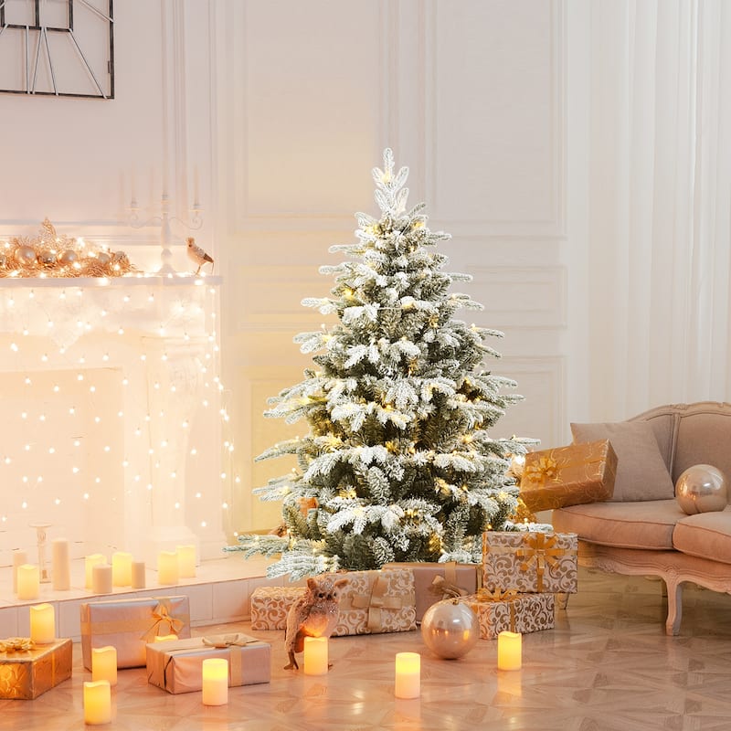 Gymax 4.5/6/7ft Snow Flocked Decoration Christmas Tree w/LED Lights & - 4.5 Foot