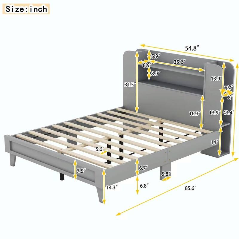 Platform Bed with Storage Headboard, Multiple Shelves on Both Sides
