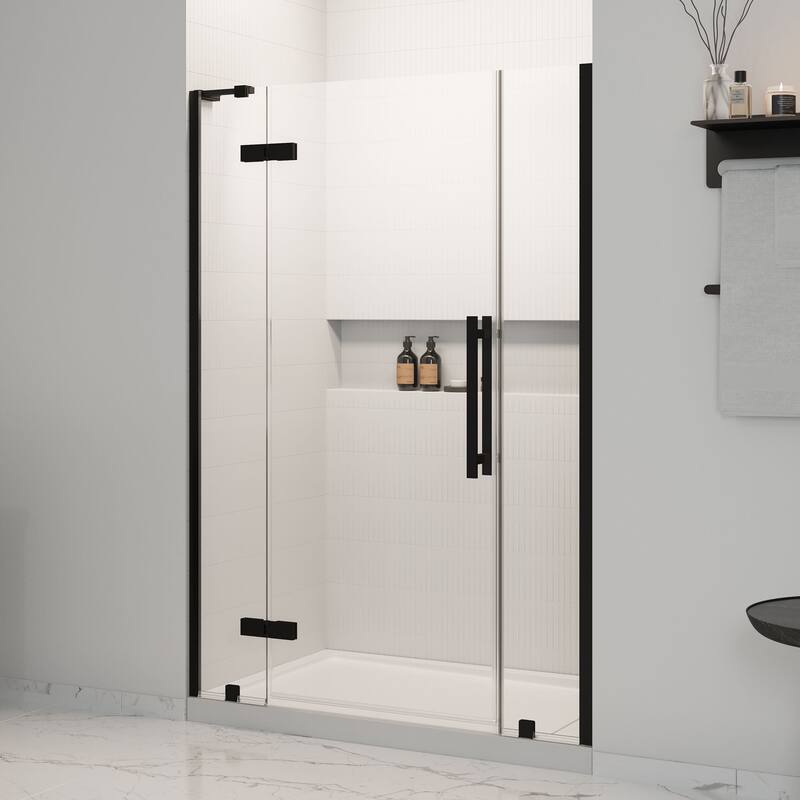 OVE Tampa Alcove Frameless Pivot Hinge Shower Door Kit with Base Pan, 2025 - Matte Black - 54"x36"