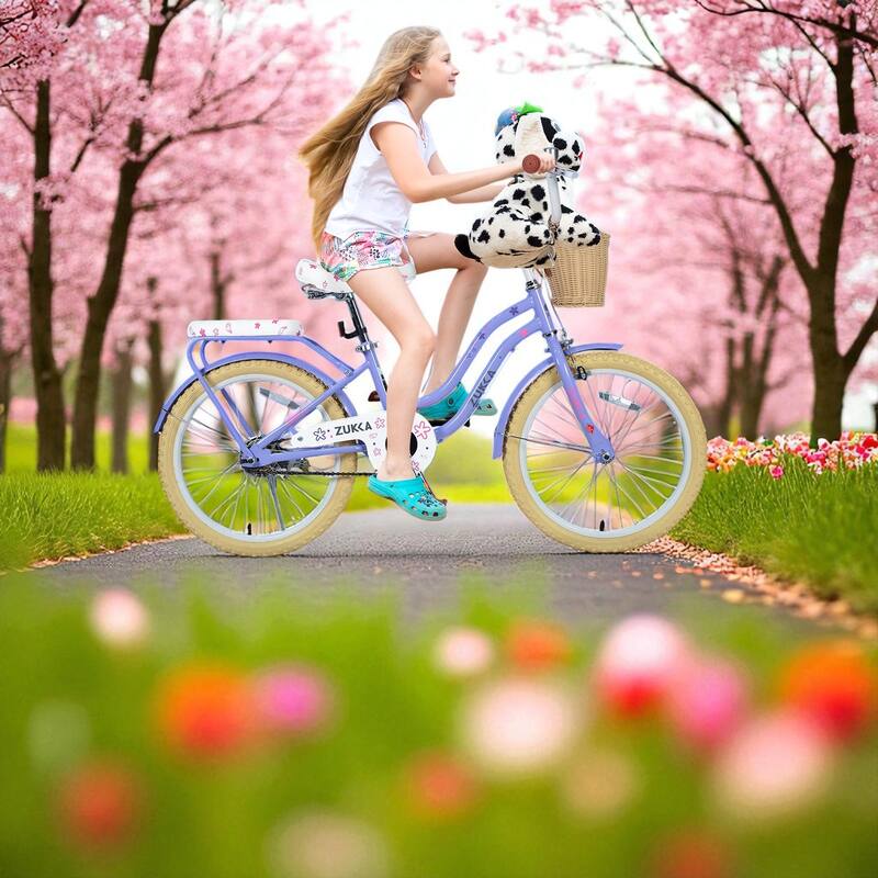Girls 20 Inch Bike with Basket, Steel Frame, Front & Rear Brakes, For Kids Ages 7-10, No Training Wheels