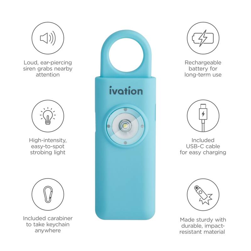 Ivation Personal SOS Keychain Alarm, 130 dB Rechargeable Personal Alarm w/LED Strobe Light