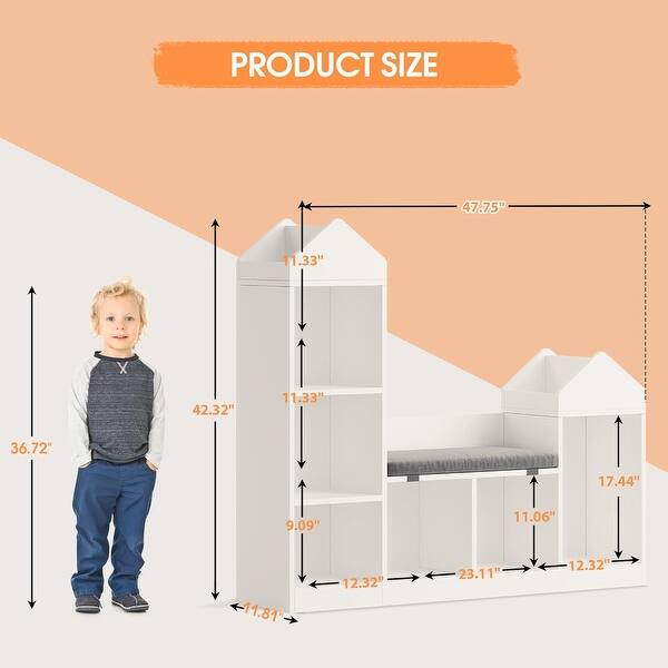 dimension image slide 1 of 2, Kids Bookshelf with Reading Nook, Bookcase with Seat Cushion