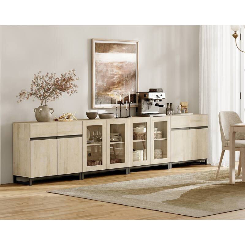 Modern Sideboard with Adjustable Shelves, 4 in 1 Storage Cabinet with Glass Doors, Coffee Bar Cabinet - 126 inches - Beige