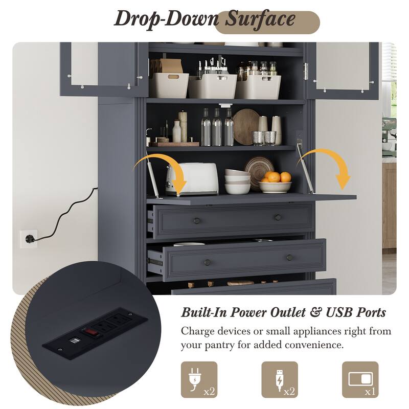 78" Freestanding Kitchen Pantry Cabinet with 3 Drawers, Glass Doors, Adjustable Shelves and Built-In Power Outlet