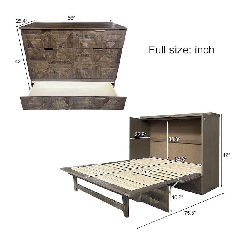 Queen Size Foldable Murphy Cabinet Bed with Geometric Wood Design, Built-In USB Charging Ports & Extra-Large Storage Drawer