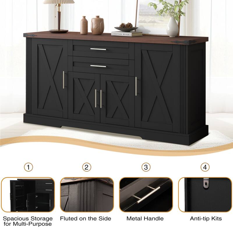 Farmhouse Storage Cabinet Buffet Sideboard with Barn Doors, 2 Drawers, Adjustable Shelves & Door Racks, Coffee Bar Console