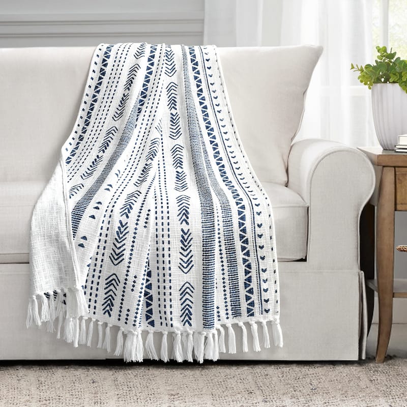 Lush Decor Hygge Stripe Cotton Slub Tassel Fringe Throw Blanket
