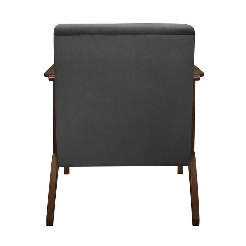Rica 32 Inch Accent Armchair, Curved, Dark Gray Velvet, Brown Solid Wood