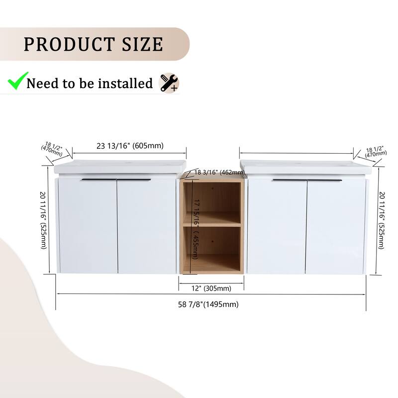 Wall-Mounted Vanity with Double Ceramic Basins, Soft-Close Doors, Metal Handles, and Ample Storage Space - 59.6in L Plywood