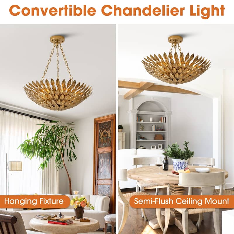 Antique Gold 6-Light Olive Leaf Convertible Chandelier Light - 22.05"W x 24.8"H