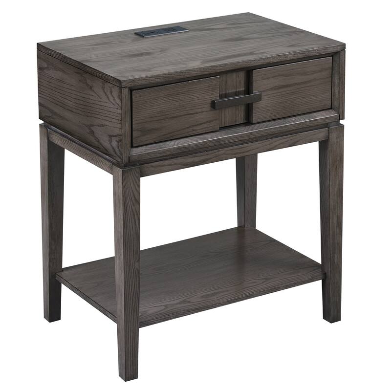 Contemporary Charging Oak Nightstand Side Table One Drawer