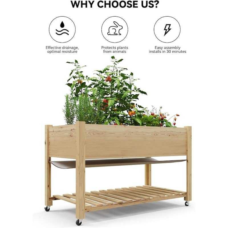 48x24x30in Raised Garden Bed with Wheels, Legs-Enhanced Depth