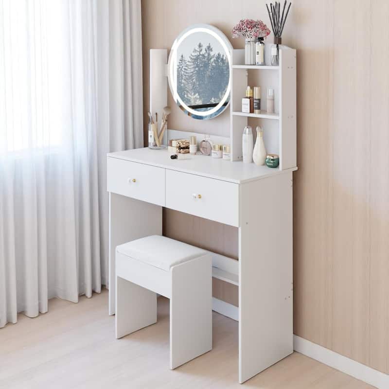 KISRAIS 31.5" Fashion Vanity Desk with Mirror and Lights, 3 Color Lighting Brightness Adjustable