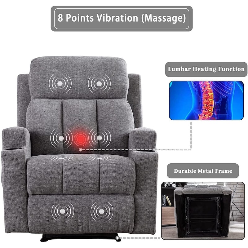 Massage and Heating Manual Recliner Chair with 2 Cup Holders Breathable Fabric