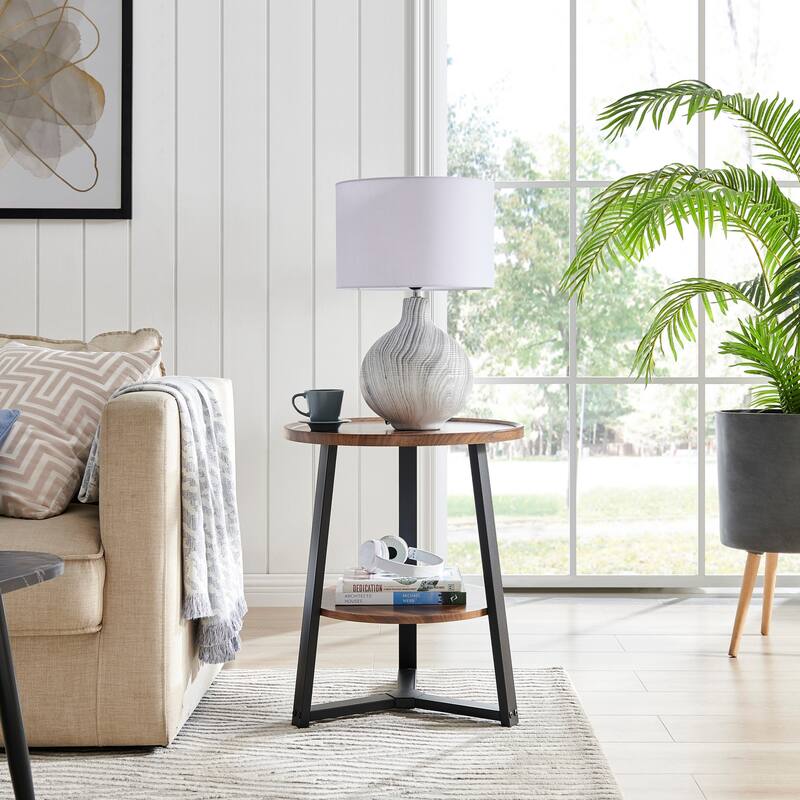 Mason Round 2-Tier Side Accent Table with Raised Lip Edge Tabletop and Mid-century Modern Crossed Metal Bold Pedestal Legs