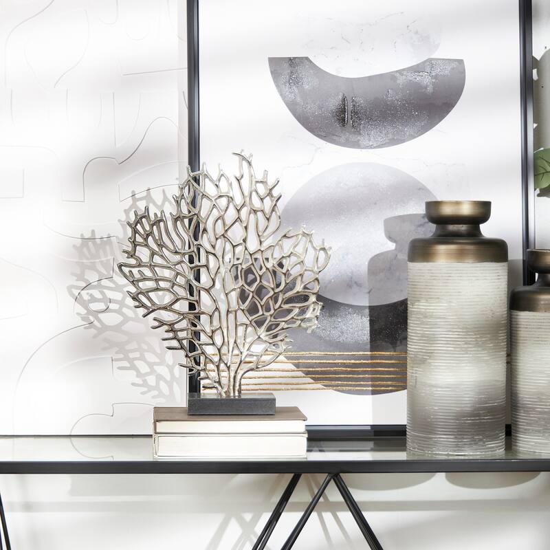 Silver Aluminum Metal Coral Decorative Sculpture with Marble Base - Silver
