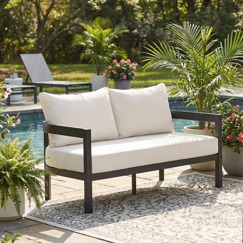 Christopher Knight Home - Modern 52.6" Outdoor Curved Back 2-Seater Loveseat with Aluminum Frame & Water-Resistant Cushions - Black Frame+White