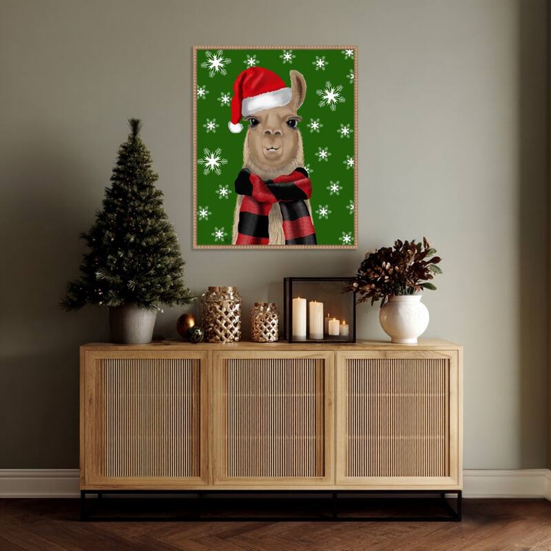 Llama Christmas Hat by Fab Funky (23 x 28 in.), Framed Canvas Wall Art Print - Sylvie Beaded Rustic Natural