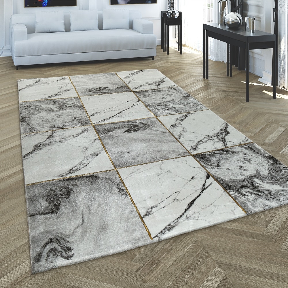 White Gold Grey Living Room Rug with luxurious Marble Pattern in 3D