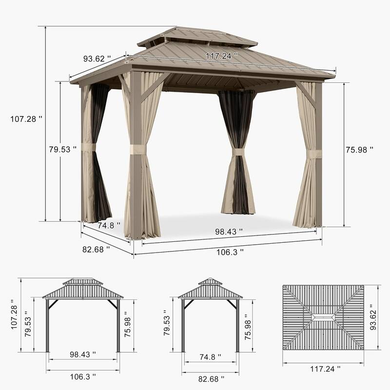 PURPLE LEAF Outdoor Hardtop Gazebo Champagne Metal Frame Galvanized Steel Double Roof with Curtains and Netting for Poolside