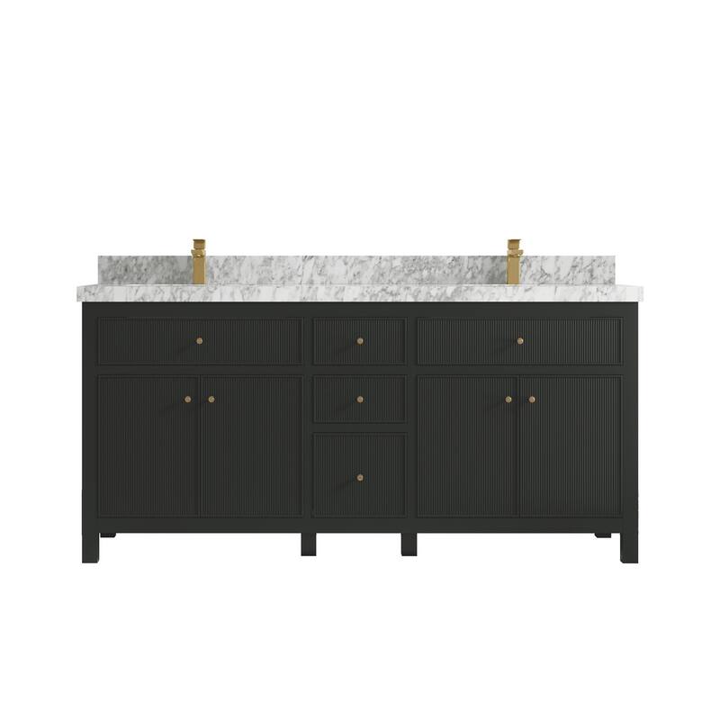 Willow Collections 72 in W x 22 in D Sonoma Free Standing Reeded Double Sink Bathroom Vanity with Countertop - 2" Carrara Marble - Black Top