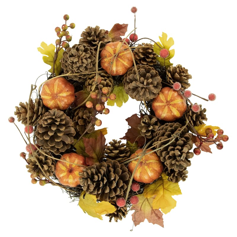 Pinecone and Pumpkin Fall Harvest Wreath 14-Inch Unlit - 14"