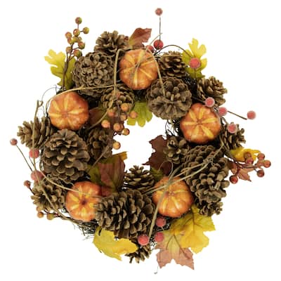 Pinecone and Pumpkin Fall Harvest Wreath 14-Inch Unlit - 14"