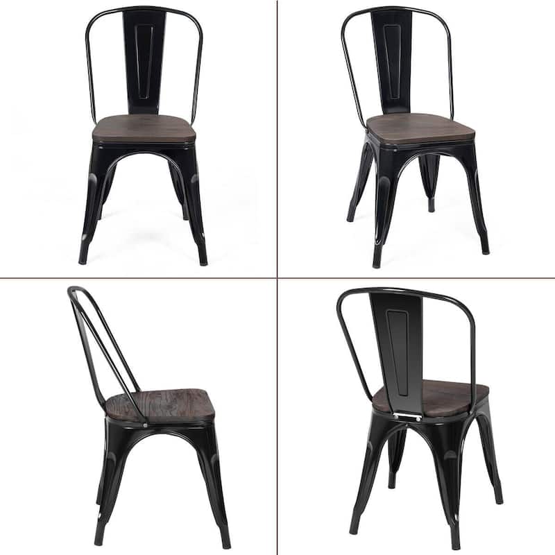 Set of 4 Stackable Metal Dining Chairs with 18-Inch Wood Seats - 17" x 21" x 33" (L x W x H)