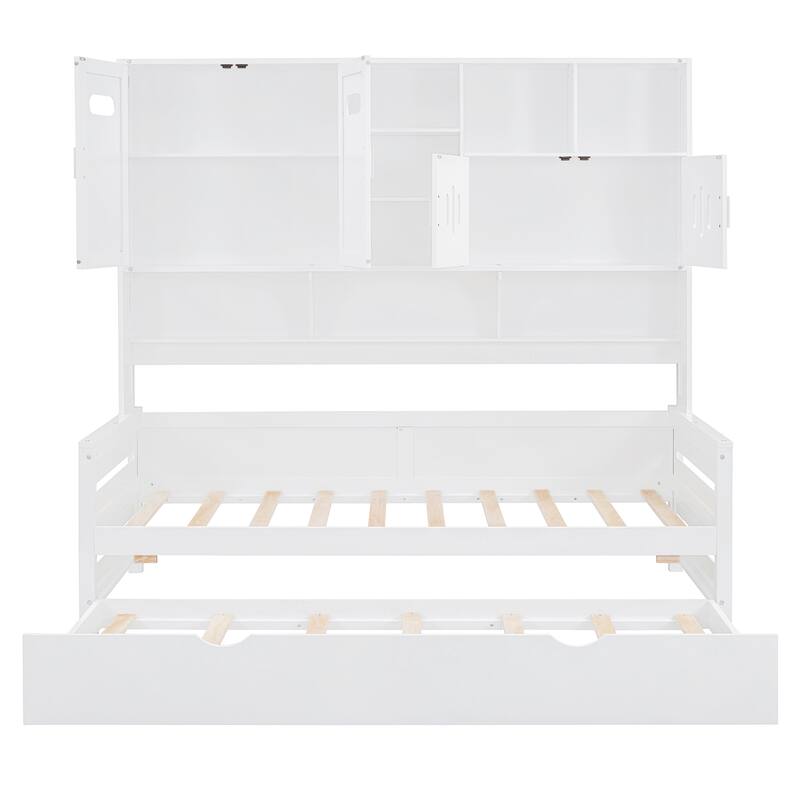 Full Size Wood Daybed with Built-in Storage Cabinet, Open Shelves & Twin Trundle Bed, Space-Saving Multi-Functional Frame