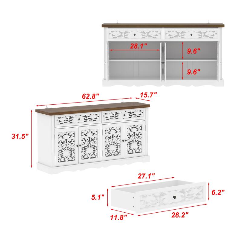 Classic White Sideboard Cabinet with Carved Doors and Rustic Metal Hardware Buffet Display Cabinet