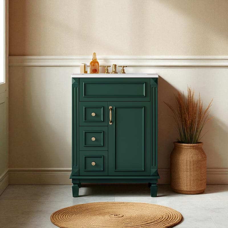 24" Bathroom Vanity with Ceramic Sink, Modern Small Bathroom Cabinet with 2 Drawers & Adjustable Shelf, Space-Saving - Green