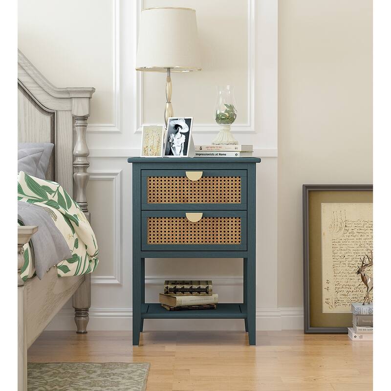 2-Drawer Nightstand Bed Side Table with Storage Cabinet End Table shelf Wood Side Table - Green