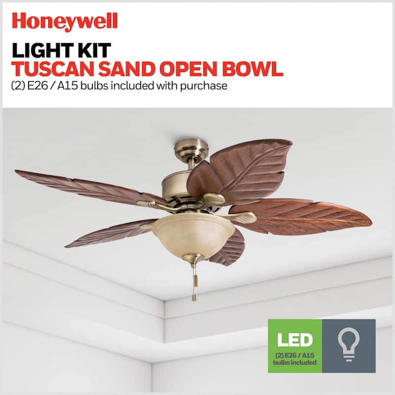 52" Honeywell Royal Palm Aged Brass LED Ceiling Fan with Light, Pull Chain