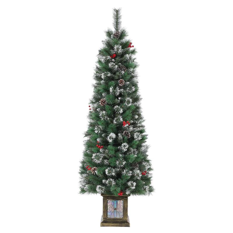 7FT Potted Christmas Tree with 140 Warm Led Lights, Artificial Christmas Tree Outdoor Decor