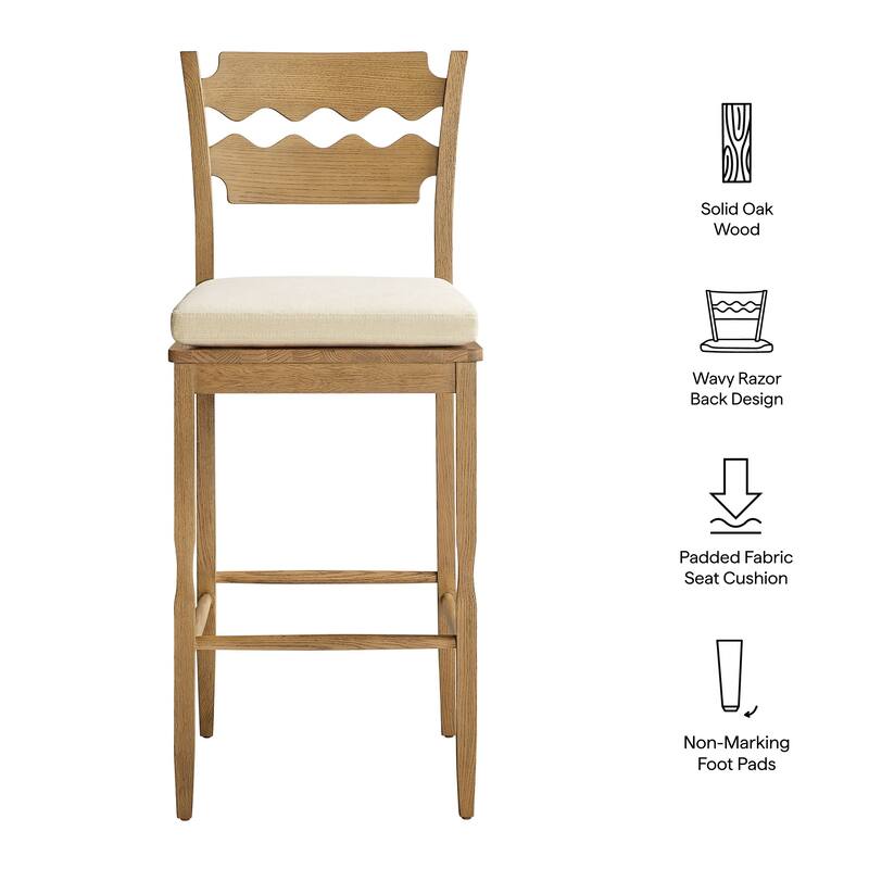 Jax Oak Wood Bar Stool With Wavy Razor Back and Cushion