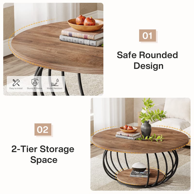 39.4" Rustic Wood Round Coffee Table with 2-Tier Storage - 39.37"D x 39.37" W x 18.11" H