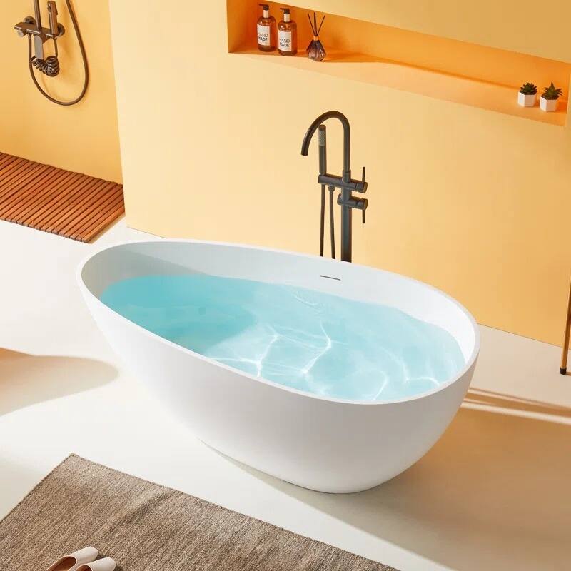 ABRUZZO Freestanding Soaking Solid Surface Bathtub with Overflow and Pop-up Drain