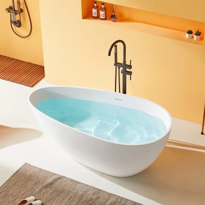 ABRUZZO Freestanding Soaking Solid Surface Bathtub with Overflow and Pop-up Drain